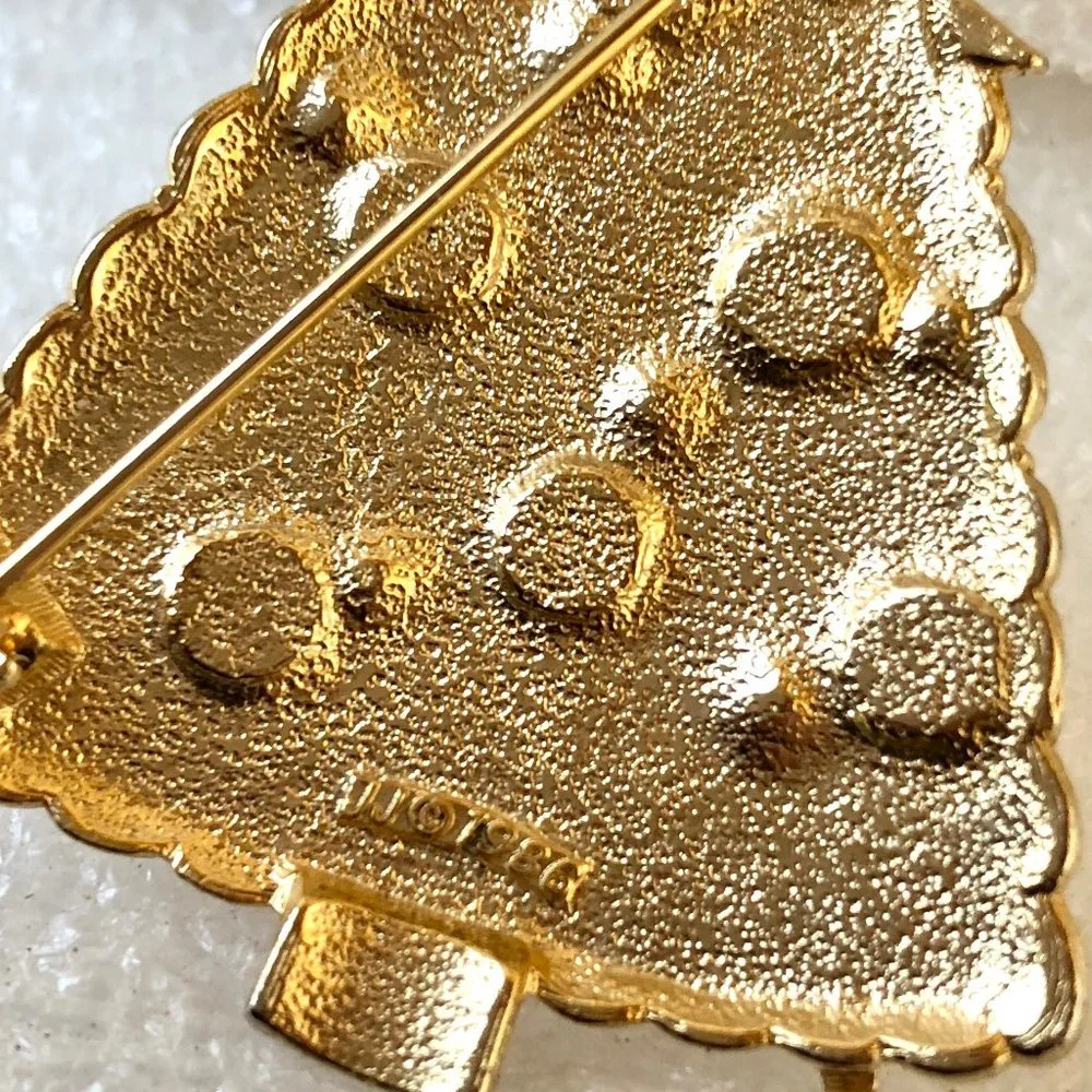 JJ 1986 Christmas Tree Brooch Pin Rhinestones Star Gold Tone Signed